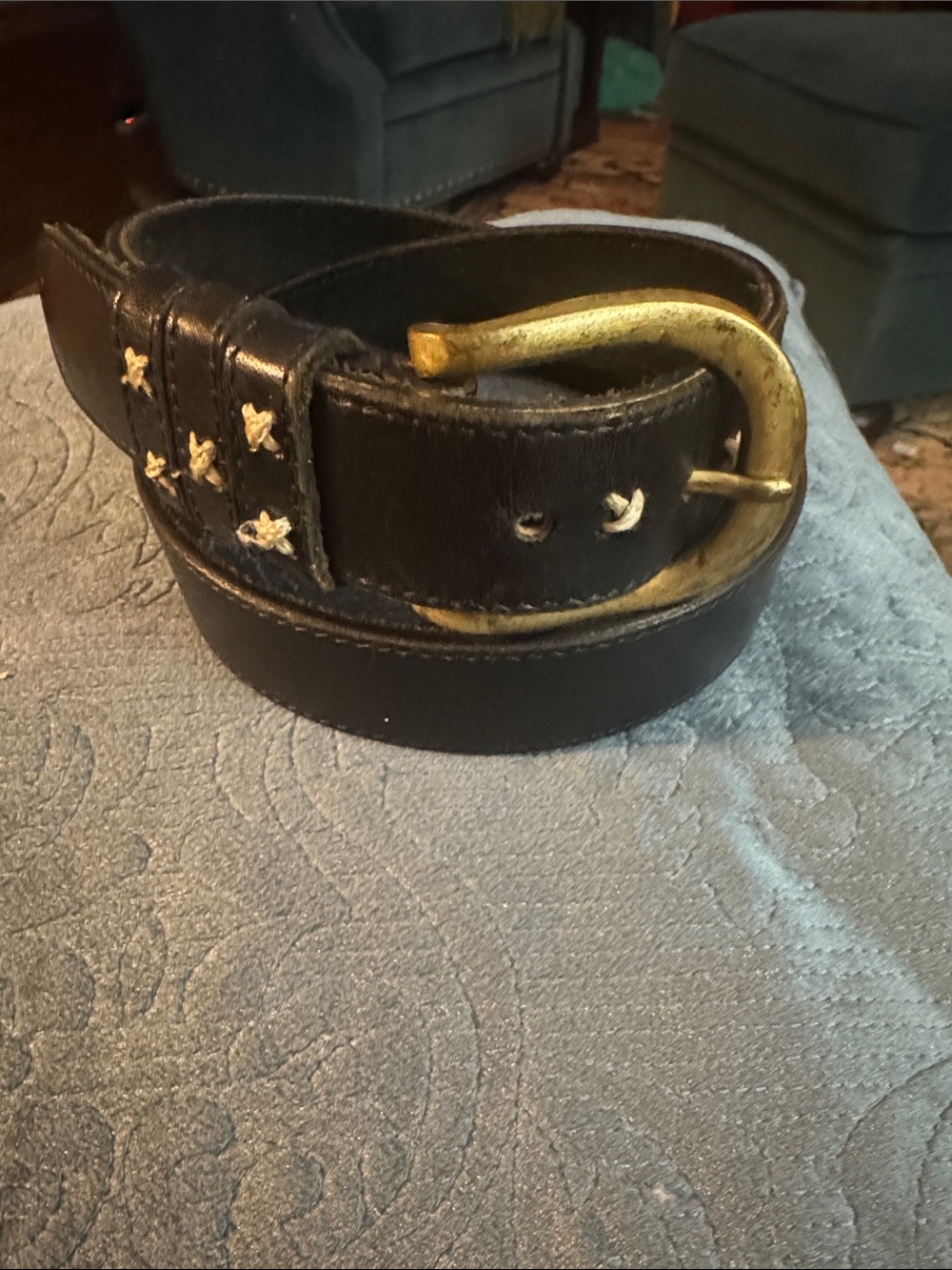 Black Leather Belt with Gold Buckle and Star Accent